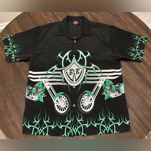 VTG Dragonfly Biker Bowling Men’s Metal Button Up Tribal Biker Y2K Shirt-Large